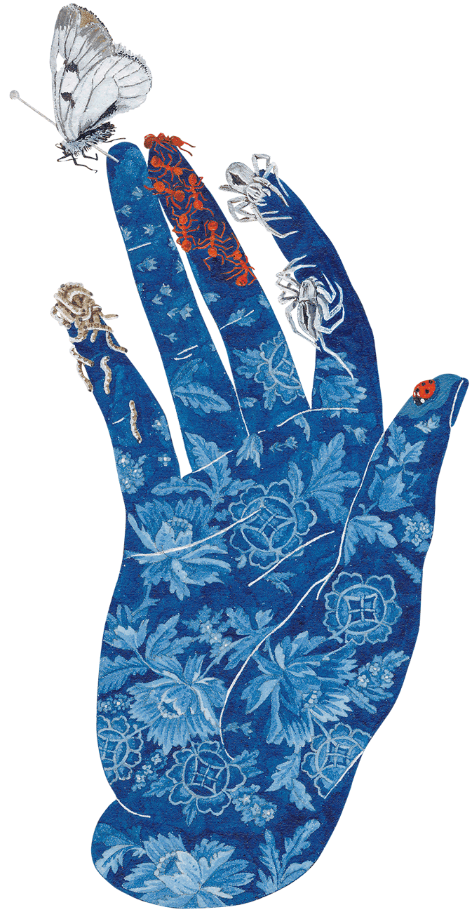 Hand with colorful patterns and a butterfly