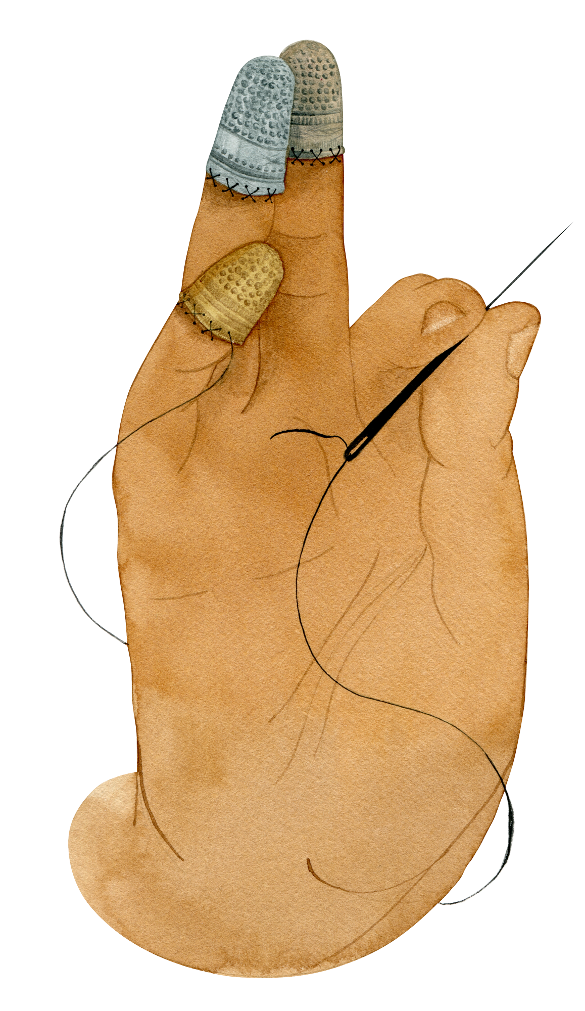 A hand with thimbles holding a needle and thread