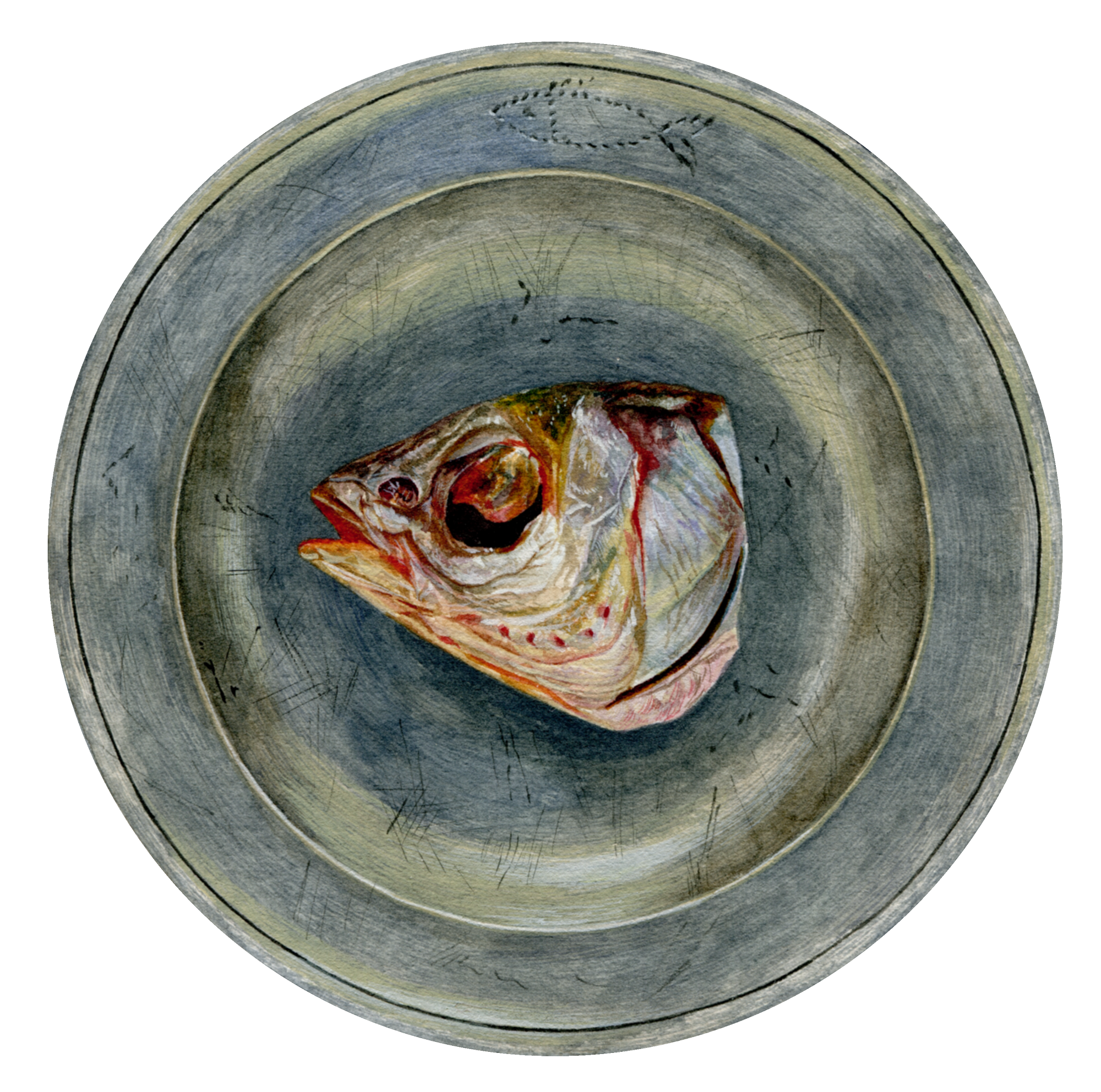 A severed, bloodied fish head on a plate