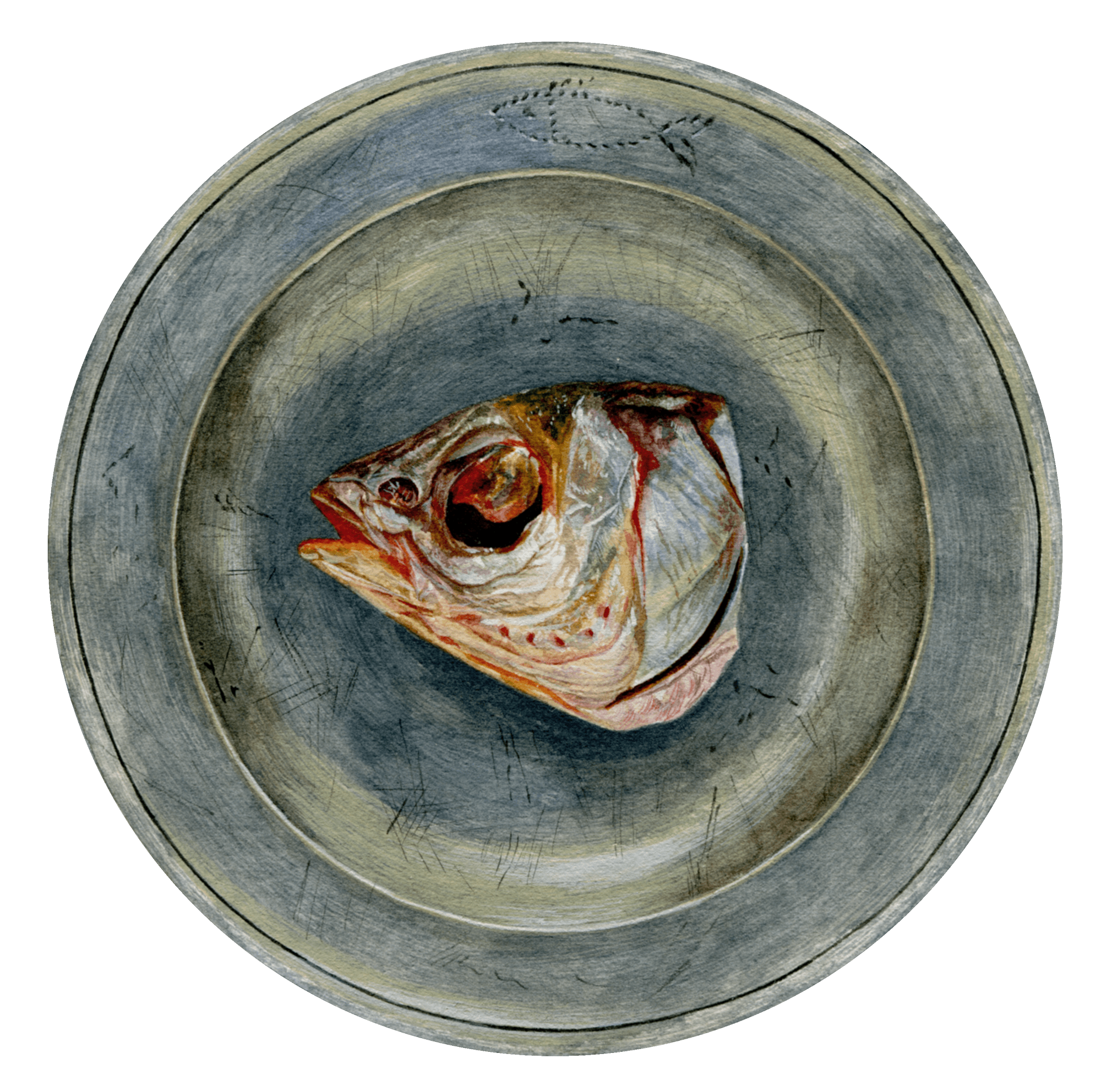 A severed, bloodied fish head on a plate