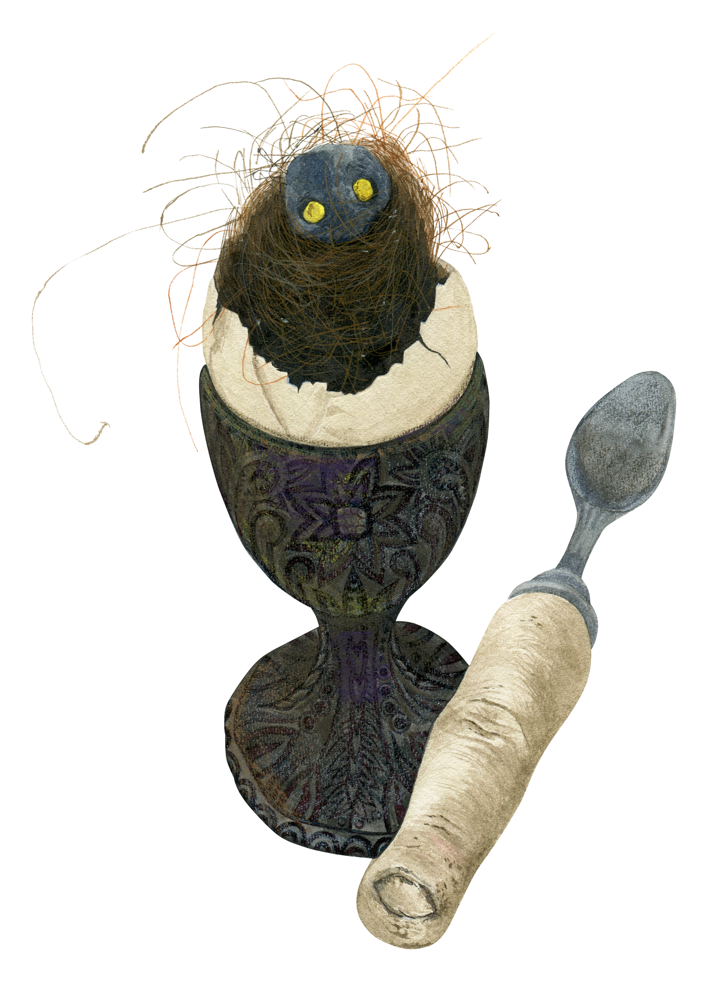 A peeled egg in a glass - inside something hairy with eyes, the spoon next to it is a finger
