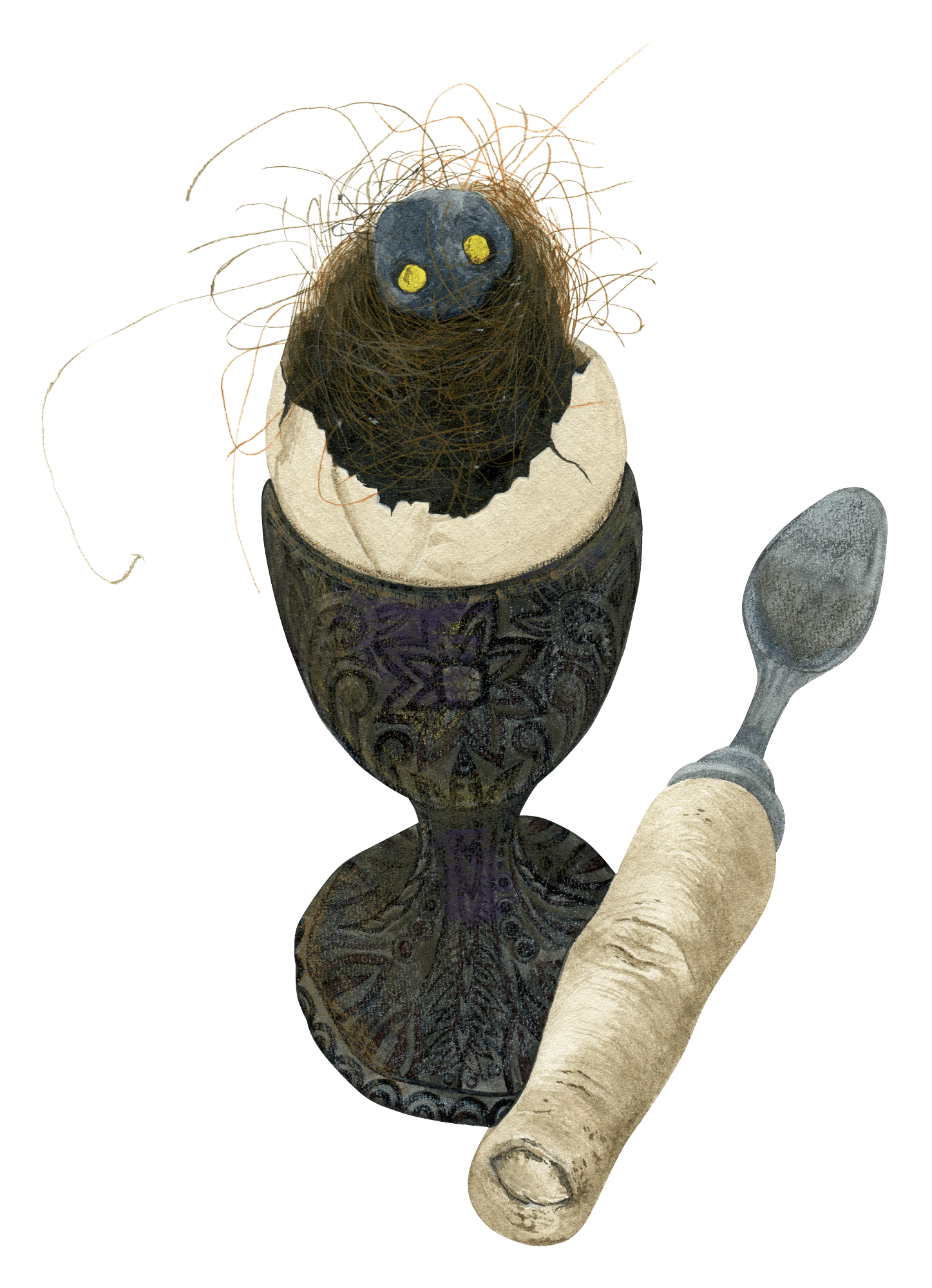 A peeled egg in a glass - inside something hairy with eyes, the spoon next to it is a finger